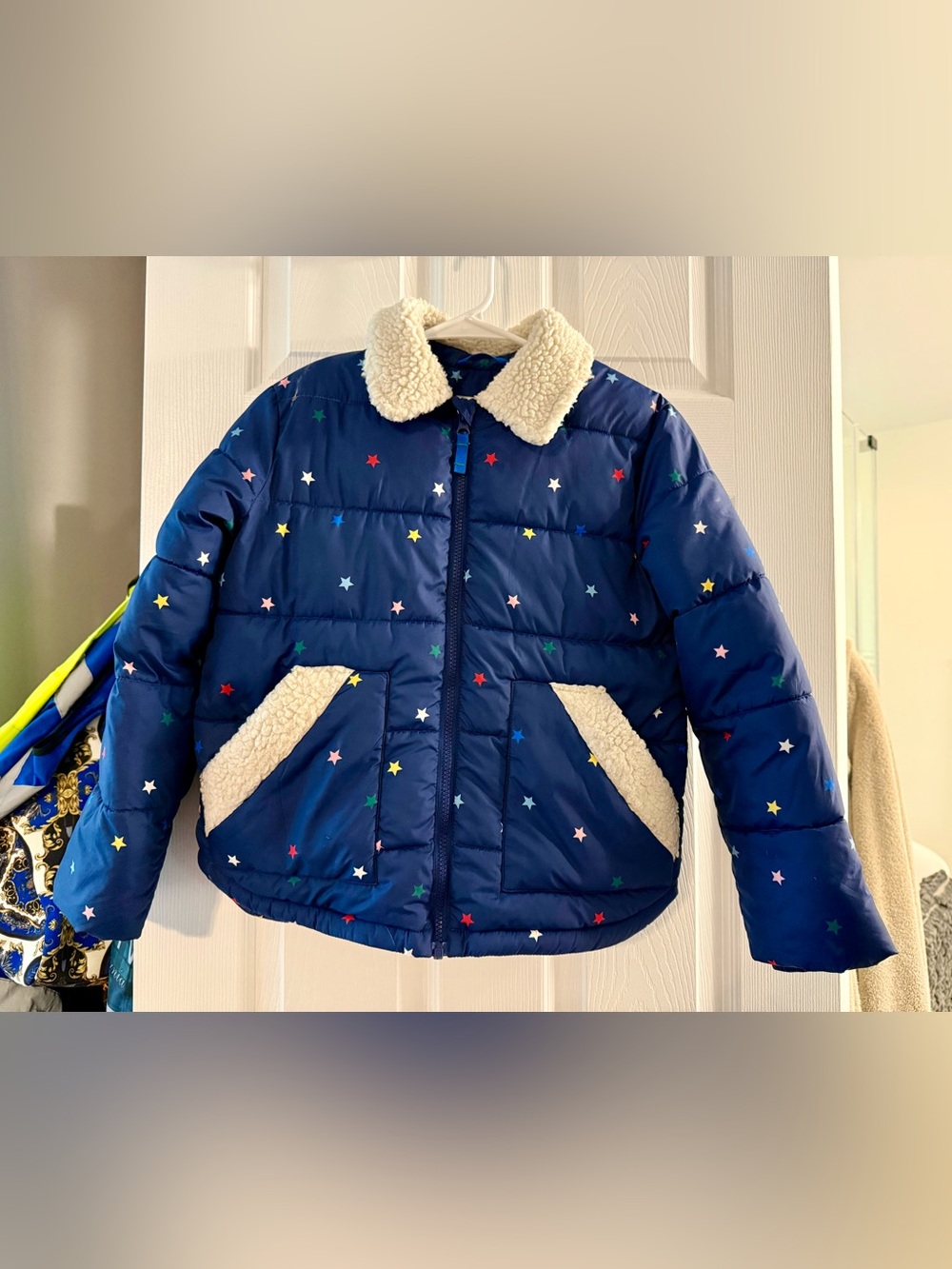 Mini Boden Navy Rainbow Star Sherpa Coat Size 9/10